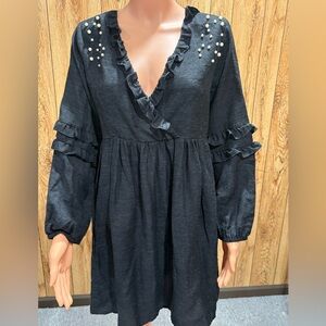 Polyester blend dress, Zara basic pearl-embellished ruffle dress.